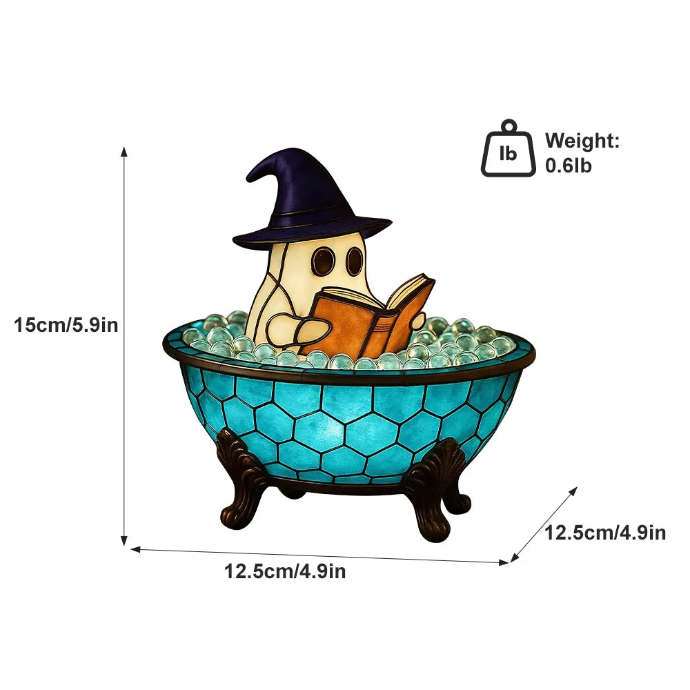 Halloween Ghost Bathtub Reading Book Table Lamp Tiffany Stained Glass Night Light Cute Spooky Ghost in Bubble Bowl Decor Lamp for Bedroom Living Room Holiday Home Decor Gift