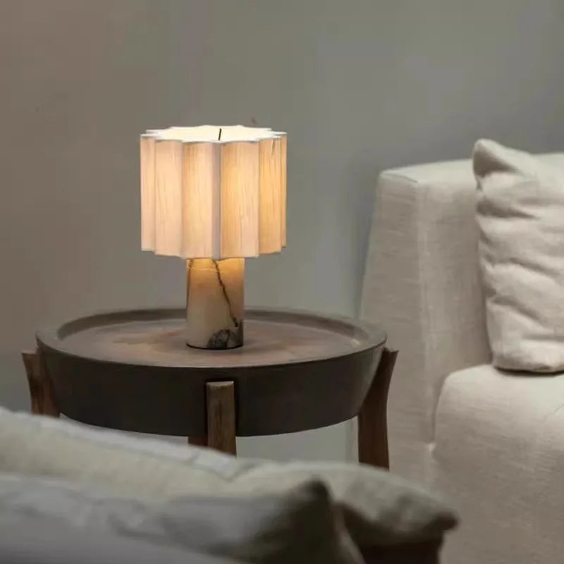 Retro Luxury Beside Lamp Natural Marble Table Lamp Fabric Lampshade Yellow Stone Desk Lamp Living Room Bedroom Home Decor