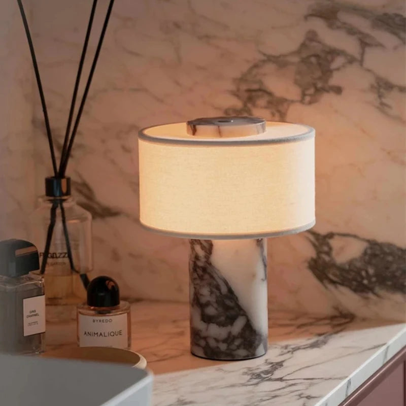 Retro Luxury Beside Lamp Natural Marble Table Lamp Fabric Lampshade Yellow Stone Desk Lamp Living Room Bedroom Home Decor