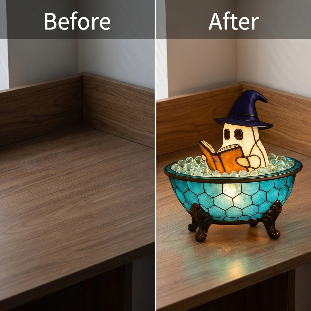 Halloween Ghost Bathtub Reading Book Table Lamp Tiffany Stained Glass Night Light Cute Spooky Ghost in Bubble Bowl Decor Lamp for Bedroom Living Room Holiday Home Decor Gift