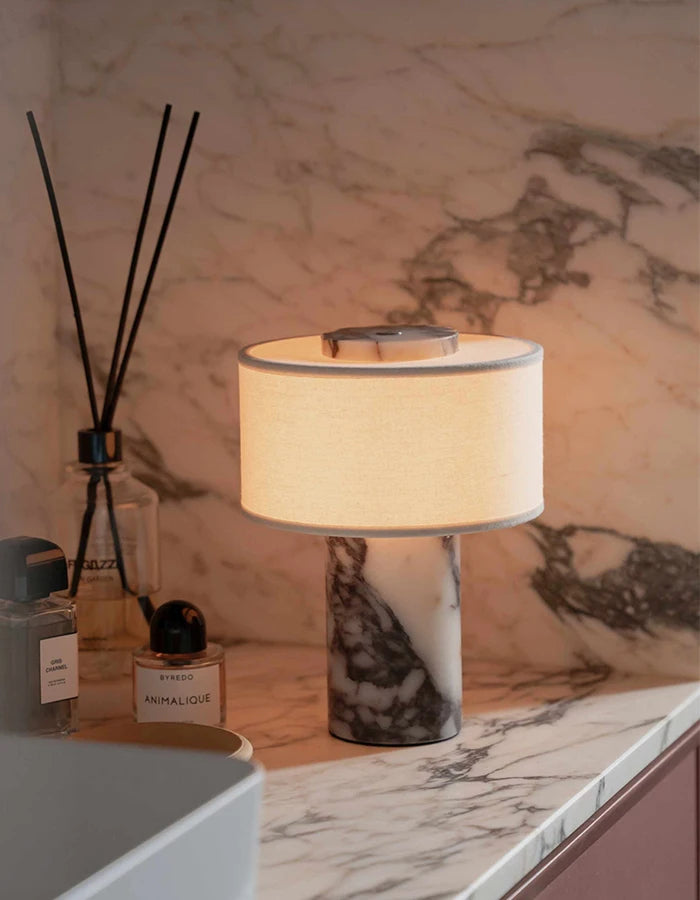 Retro Luxury Beside Lamp Natural Marble Table Lamp Fabric Lampshade Yellow Stone Desk Lamp Living Room Bedroom Home Decor