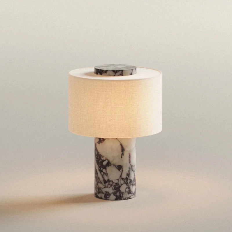 Retro Luxury Beside Lamp Natural Marble Table Lamp Fabric Lampshade Yellow Stone Desk Lamp Living Room Bedroom Home Decor