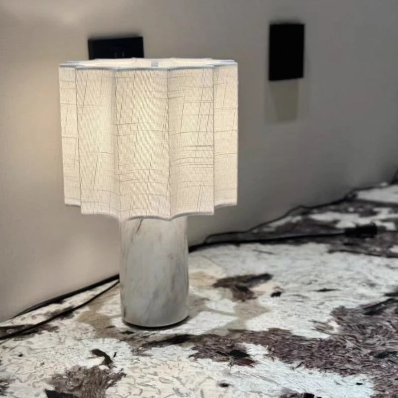 Retro Luxury Beside Lamp Natural Marble Table Lamp Fabric Lampshade Yellow Stone Desk Lamp Living Room Bedroom Home Decor