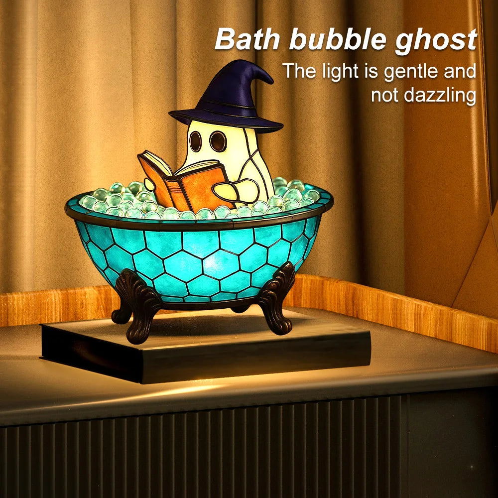 Halloween Ghost Bathtub Reading Book Table Lamp Tiffany Stained Glass Night Light Cute Spooky Ghost in Bubble Bowl Decor Lamp for Bedroom Living Room Holiday Home Decor Gift