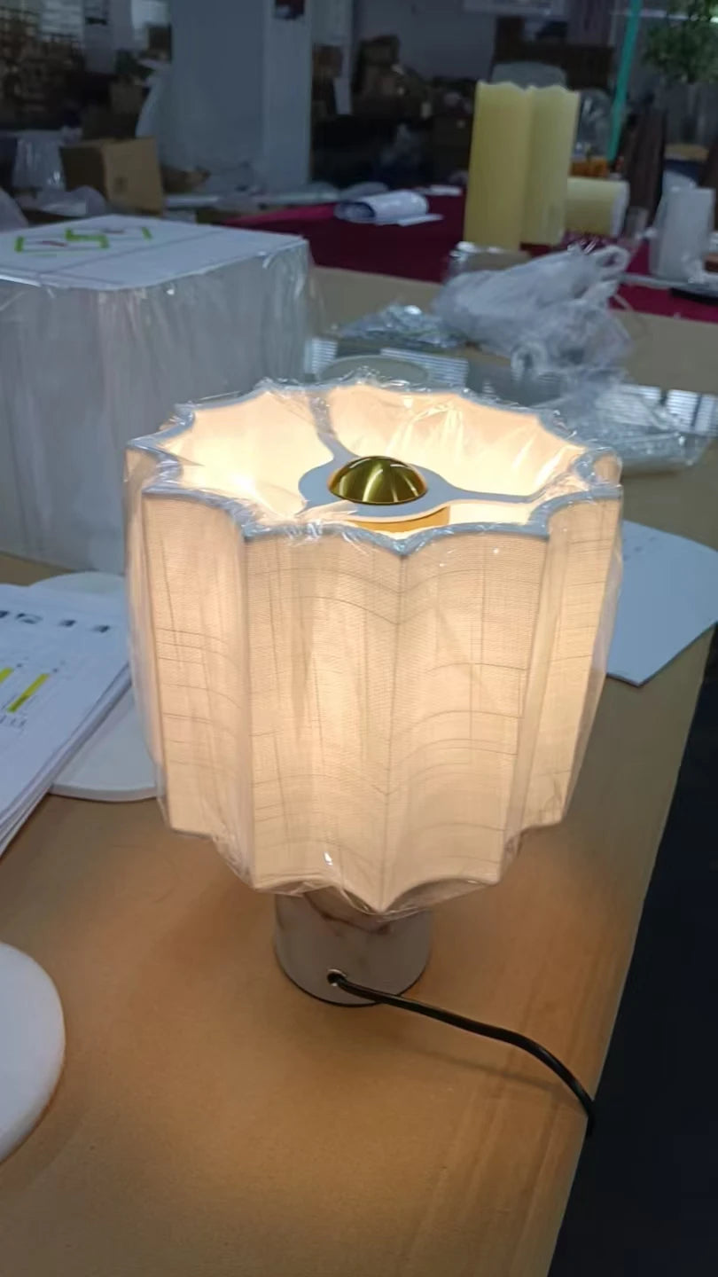 Retro Luxury Beside Lamp Natural Marble Table Lamp Fabric Lampshade Yellow Stone Desk Lamp Living Room Bedroom Home Decor