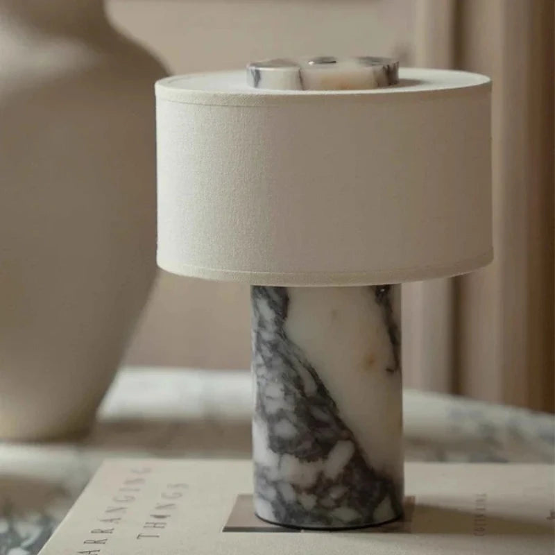 Retro Luxury Beside Lamp Natural Marble Table Lamp Fabric Lampshade Yellow Stone Desk Lamp Living Room Bedroom Home Decor