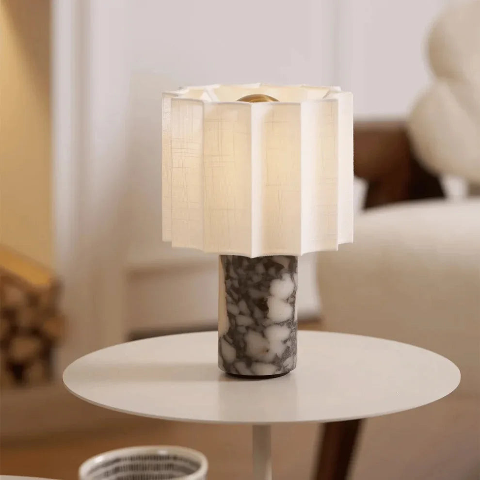 Retro Luxury Beside Lamp Natural Marble Table Lamp Fabric Lampshade Yellow Stone Desk Lamp Living Room Bedroom Home Decor