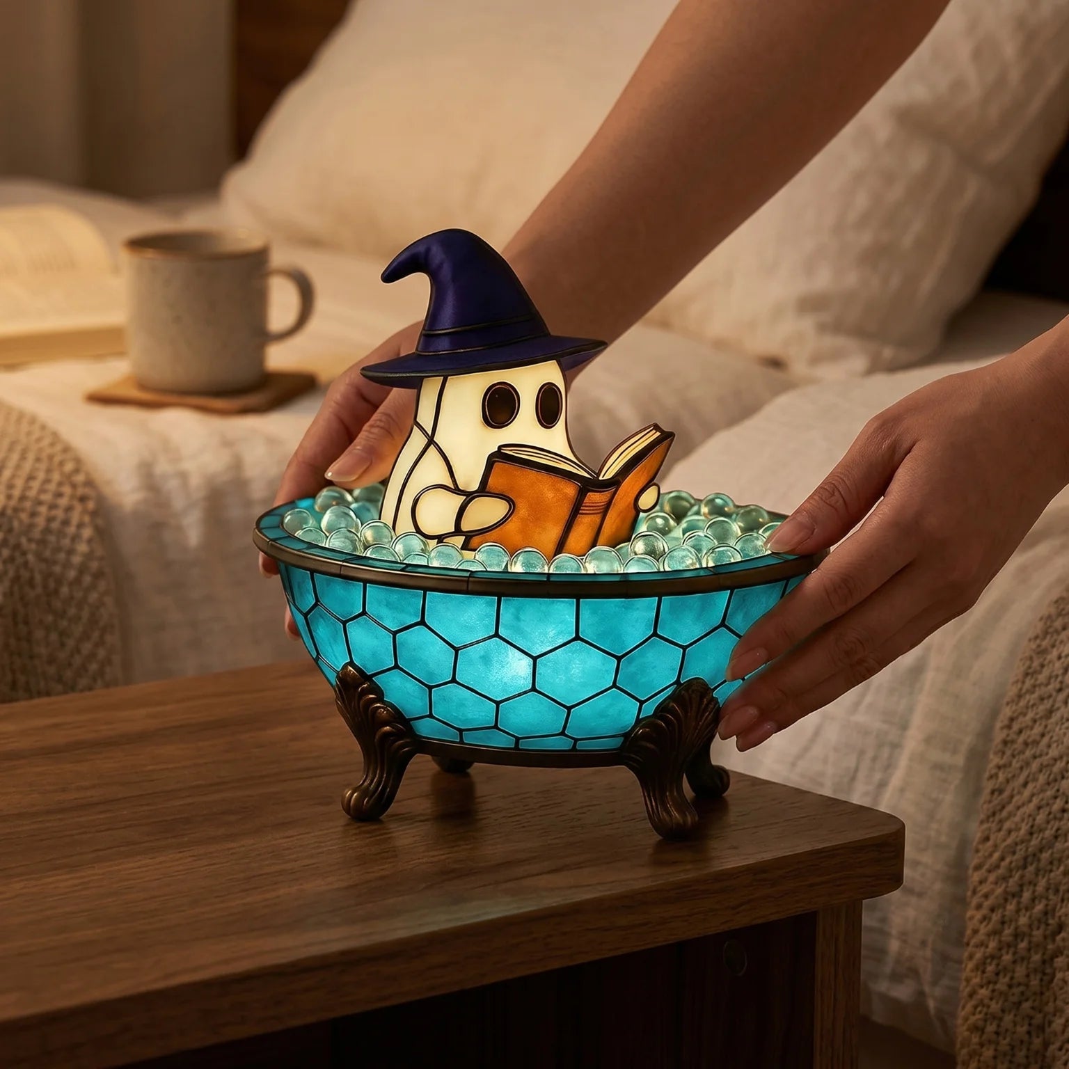 Halloween Ghost Bathtub Reading Book Table Lamp Tiffany Stained Glass Night Light Cute Spooky Ghost in Bubble Bowl Decor Lamp for Bedroom Living Room Holiday Home Decor Gift