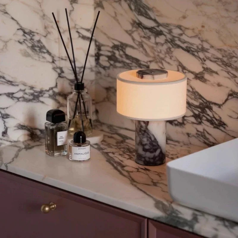 Retro Luxury Beside Lamp Natural Marble Table Lamp Fabric Lampshade Yellow Stone Desk Lamp Living Room Bedroom Home Decor