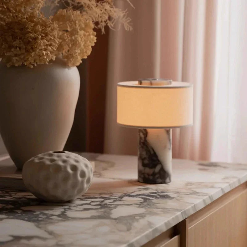 Retro Luxury Beside Lamp Natural Marble Table Lamp Fabric Lampshade Yellow Stone Desk Lamp Living Room Bedroom Home Decor