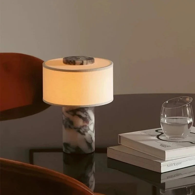 Retro Luxury Beside Lamp Natural Marble Table Lamp Fabric Lampshade Yellow Stone Desk Lamp Living Room Bedroom Home Decor