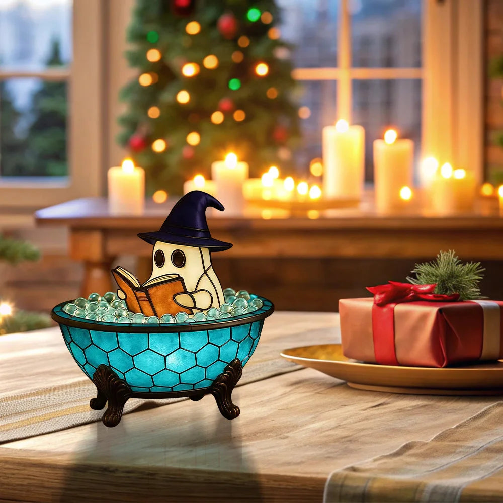 Halloween Ghost Bathtub Reading Book Table Lamp Tiffany Stained Glass Night Light Cute Spooky Ghost in Bubble Bowl Decor Lamp for Bedroom Living Room Holiday Home Decor Gift