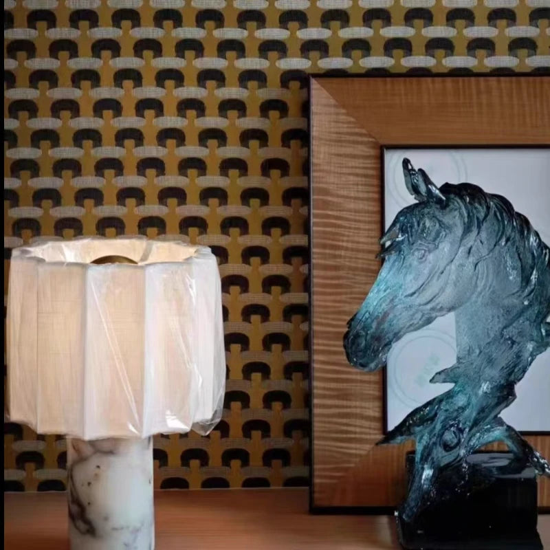 Retro Luxury Beside Lamp Natural Marble Table Lamp Fabric Lampshade Yellow Stone Desk Lamp Living Room Bedroom Home Decor