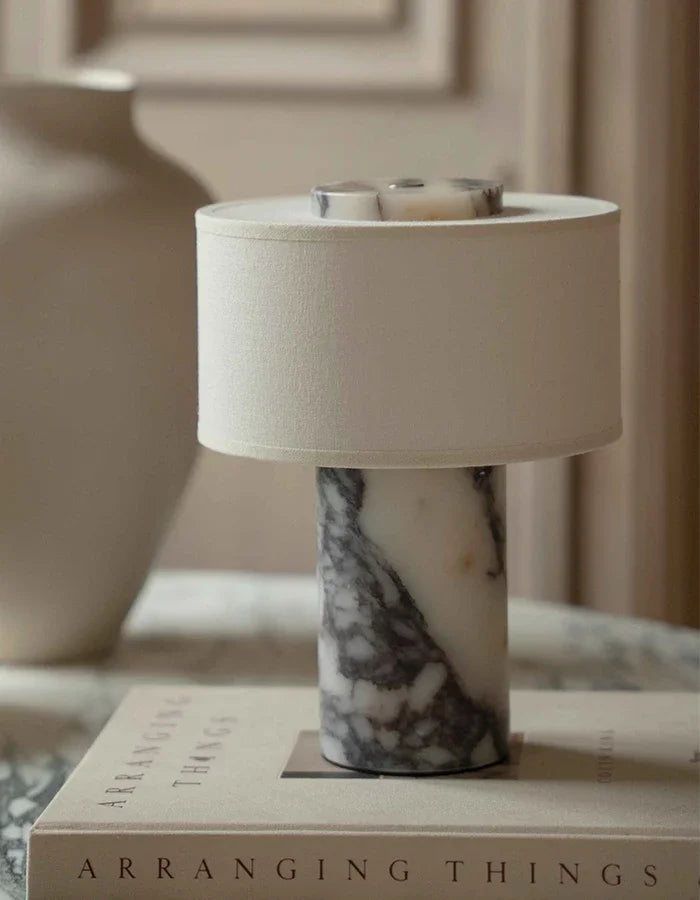 Retro Luxury Beside Lamp Natural Marble Table Lamp Fabric Lampshade Yellow Stone Desk Lamp Living Room Bedroom Home Decor