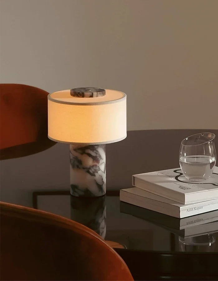 Retro Luxury Beside Lamp Natural Marble Table Lamp Fabric Lampshade Yellow Stone Desk Lamp Living Room Bedroom Home Decor