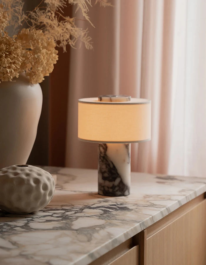 Retro Luxury Beside Lamp Natural Marble Table Lamp Fabric Lampshade Yellow Stone Desk Lamp Living Room Bedroom Home Decor