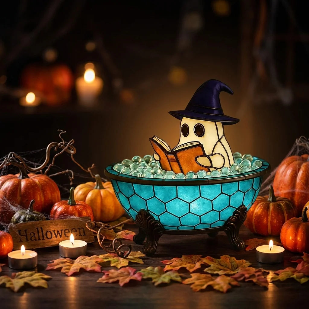 Halloween Ghost Bathtub Reading Book Table Lamp Tiffany Stained Glass Night Light Cute Spooky Ghost in Bubble Bowl Decor Lamp for Bedroom Living Room Holiday Home Decor Gift