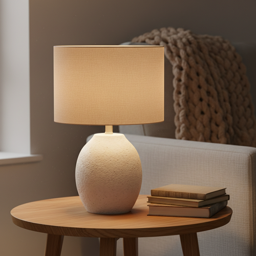 Nordic Ceramic Table Lamp with warm amber glow on wooden side table